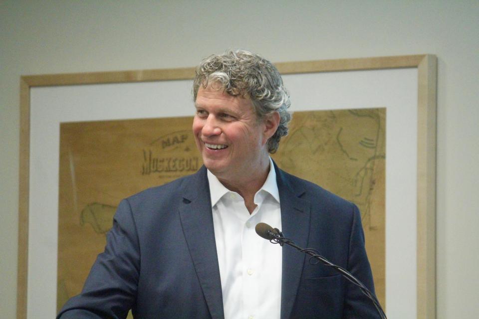U.S. Rep. Bill Huizenga, R-Zeeland, speaks at an event at the Grand Valley State University Annis Water Research Institute in Muskegon on Wednesday, June 3, 2020.