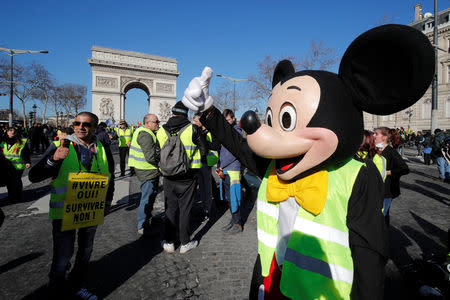 A protester wearing a Mickey Mouse costume reacts on the Champs Elysees near the Arc de Triomphe during a demonstration by the "yellow vests" movement in Paris, France, February 23, 2019. REUTERS/Philippe Wojazer