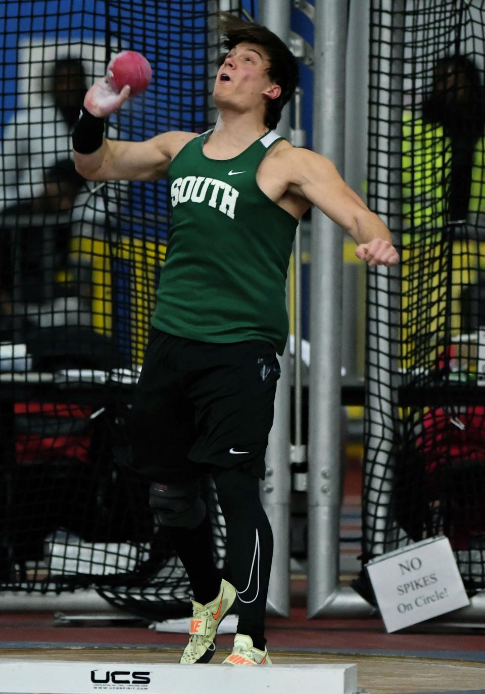South Hagerstown's Ethan VanMeter throws the shot put 50 feet, 9 inches to win Class 3A gold during the Maryland Indoor Track and Field Championships on Wednesday.