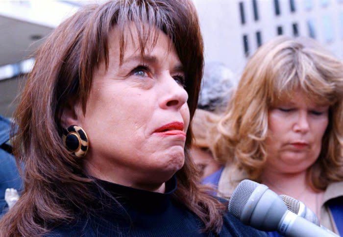 Teary-eyed Marsha Kight speaks about the closure of the Oklahoma City bombing trial with the press outside of the Federal Courthouse in Denver where Terry Nichols was sentenced June 4, 1998, to a life sentence without parole. File Photo by David O'Connor/UPI