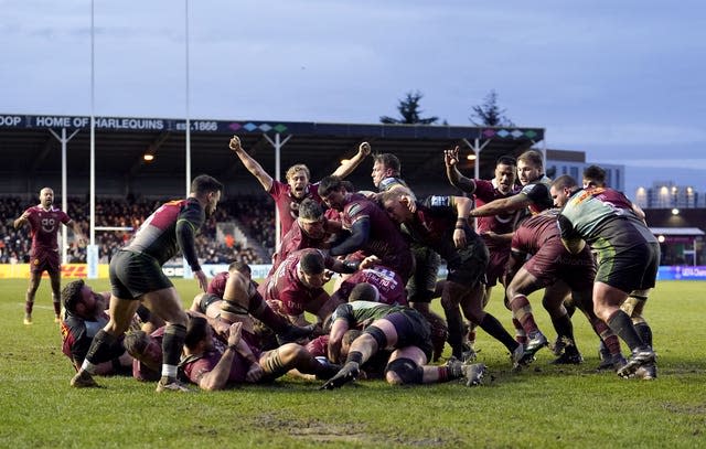 Sale's Akker van der Merwe forces his way over the line to score a try during their 24-16 Gallagher Premiership win at Harlequins (Andrew Matthews/PA).