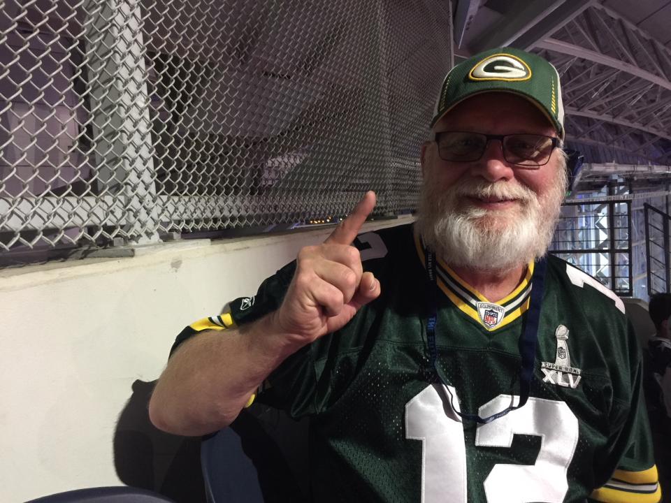 Green Bay Packers fan Robert Zalinski bought a ticket to the 2018 NFL draft for $20 outside of JerryWorld. (Yahoo Sports)