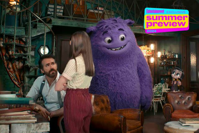 <p>Paramount Pictures</p> (L-R) Ryan Reynolds, Cailey Fleming, Blue, and Blossom in 'IF.'