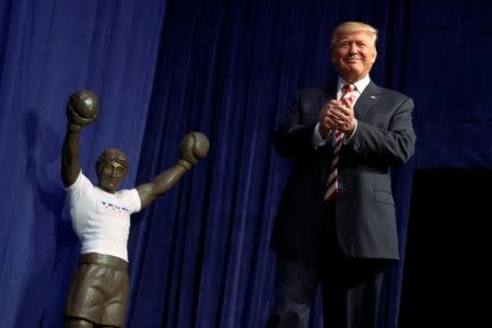 A statue of the movie boxer Rocky stands near the stage entrance as Republican presidential nominee Donald Trump holds a rally with supporters in Aston, Pennsylvania, U.S. September 22, 2016. REUTERS/Jonathan Ernst