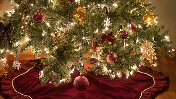 christmas decorations hanging on tree