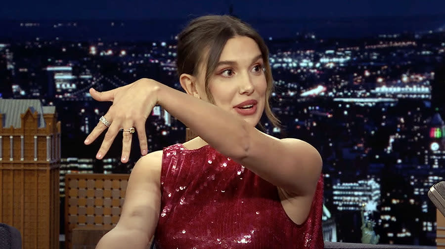 millie bobby brown engagement ring from her mother given to her by jon bon jovi son fiance Jake Bongiovi, tonight show starring jimmy fallon, 