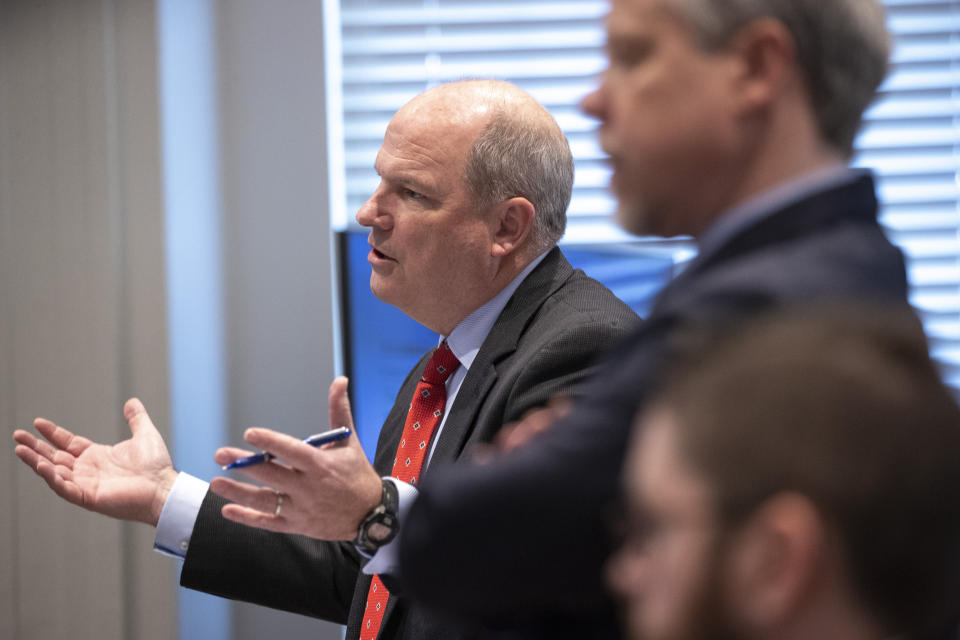 Defense attorney Jim Griffin asks the judge a question during the double murder trial of Alex Murdaugh at the Colleton County Courthouse in Walterboro, S.C., on Monday, Feb. 6, 2023. (Andrew J. Whitaker/The Post And Courier via AP, Pool)