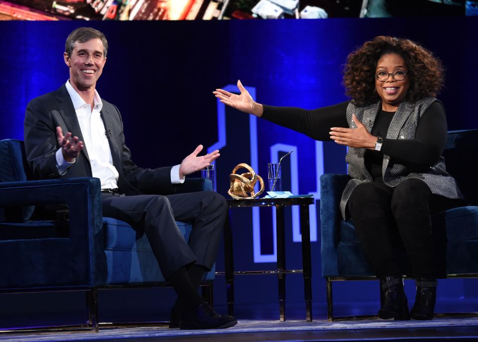 Beto O'Rourke and Oprah Winfrey speak onstage at Oprah's SuperSoul Conversations at PlayStation Theater on February 05, 2019 in New York City.