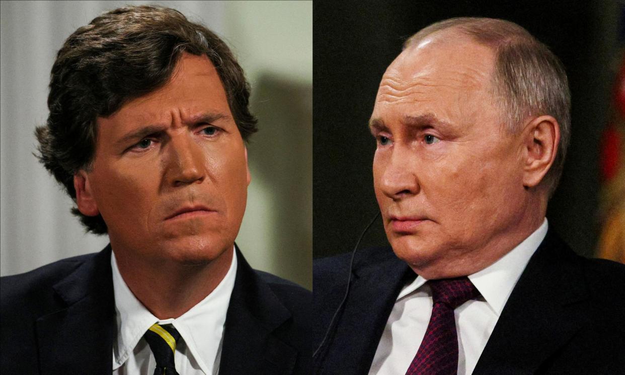 <span>Tucker Carlson interviews the Russian president, Vladimir Putin, at the Kremlin in Moscow on 6 February 2024.</span><span>Composite: Kremlin via Reuters</span>