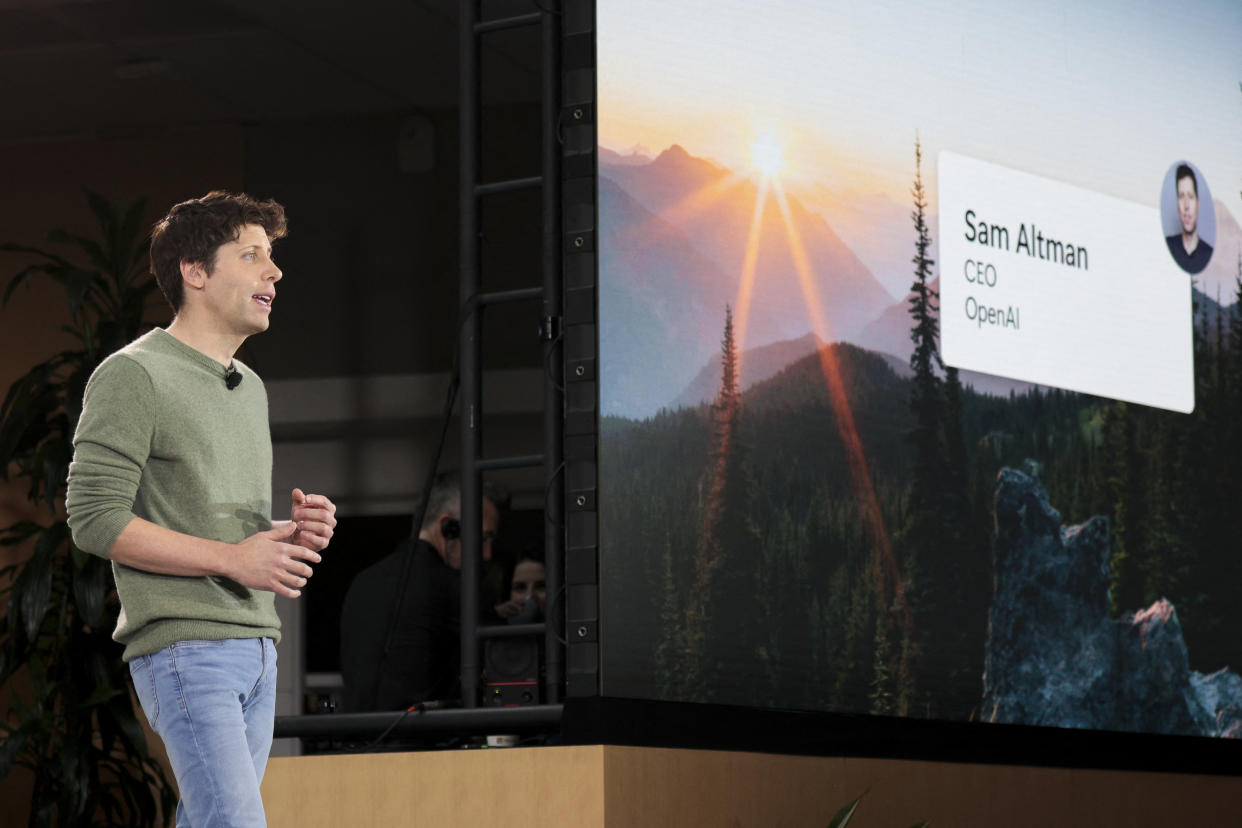 OpenAI CEO Sam Altman speaks during a keynote address announcing ChatGPT integration for Bing at Microsoft in Redmond, Washington, on February 7, 2023. - Microsoft's long-struggling Bing search engine will integrate the powerful capabilities of language-based artificial intelligence, CEO Satya Nadella said, declaring what he called a new era for online search. (Photo by Jason Redmond / AFP) (Photo by JASON REDMOND/AFP via Getty Images)