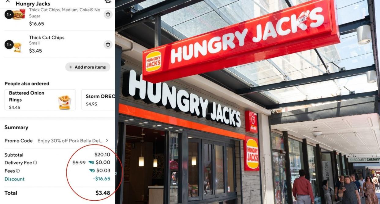 Hungry Jack's order on DoorDash showing error; Hungry Jack's storefront