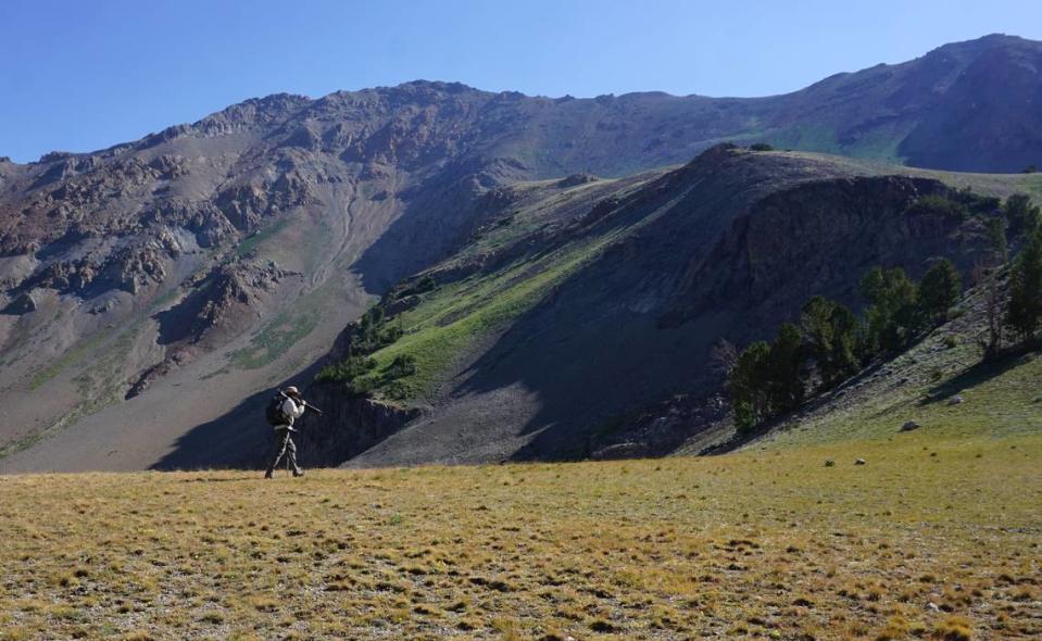 Ryan Peak, the highest mountain in the Boulder Range, juts up behind Tim Tower as he hikes the West Pass trail in the Sawtooth National Recreation Area in 2016. Chadd Cripe/Idaho Statesman