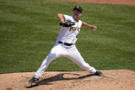 Pittsburgh Pirates starting pitcher Rich Hill delivers during the seventh inning of a baseball game against the St. Louis Cardinals in Pittsburgh, Sunday, June 4, 2023. (AP Photo/Gene J. Puskar)