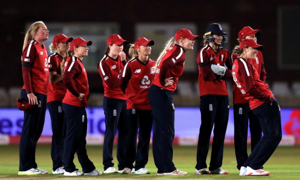 England Women wait for the result of a review during the second T20 against West Indies