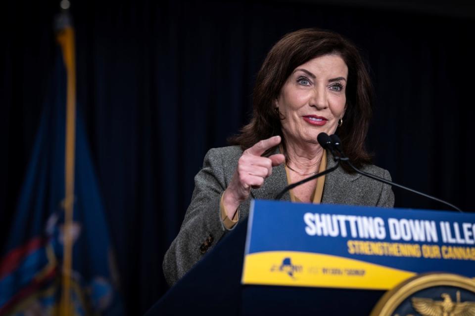 New York Governor Kathy Hochul speaks at a press conference regarding the proliferation of illegal cannabis stores in February (Copyright 2024. The Associated Press. All Rights Reserved.)