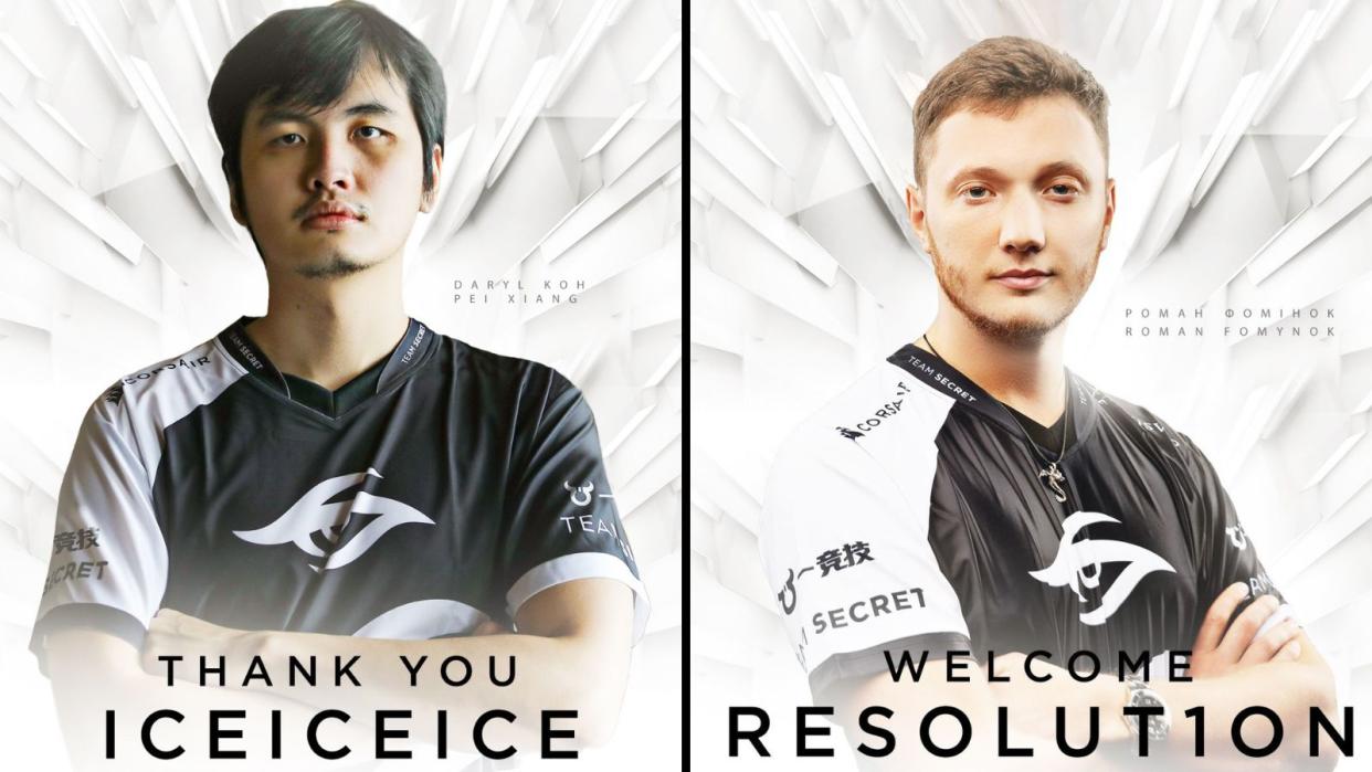 Team Secret announced the departure of Singaporean offlaner iceiceice and the signing of his replacement, Ukrainian offlaner Resolut1on. (Photos: Team Secret)