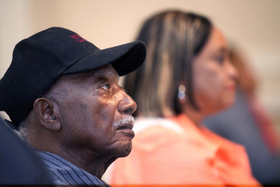 Clarence Picou, 88, right, and his daughter Jackie Andrews, 59, watch the presidential debate between President Joe Biden and former President Donald Trump, Thursday, June 27, 2024, in the Fellowship Hall of the Stronger Hope Church in Jackson, Miss. (AP Photo/Rogelio V. Solis)