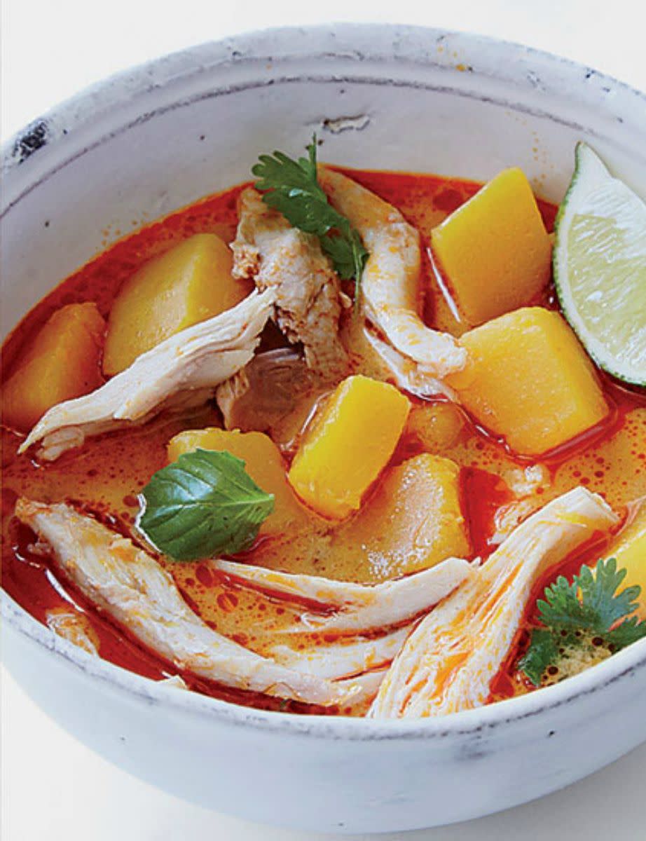 <p>Add turkey to a homemade soup of Thai curry past, coconut milk, and squash. </p><p><a href="https://www.womansday.com/food-recipes/food-drinks/recipes/a40074/turkey-curry-soup-recipe-fw1114/" rel="nofollow noopener" target="_blank" data-ylk="slk:Get the recipe.;elm:context_link;itc:0;sec:content-canvas" class="link "><strong>Get the recipe.</strong></a> </p>