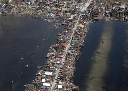 An aerial view of the devastation of super Typhoon Haiyan as it battered a town in Samar province in central Philippines