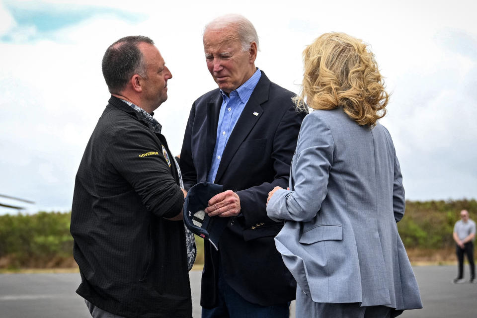 Image: President Joe Biden and first lady Jill Biden greet Hawaii Governor Josh Green upon arrival at Kahului Airport in Kahului, Hawaii, on Aug. 21, 2023. (Mandel Ngan / AFP - Getty Images)