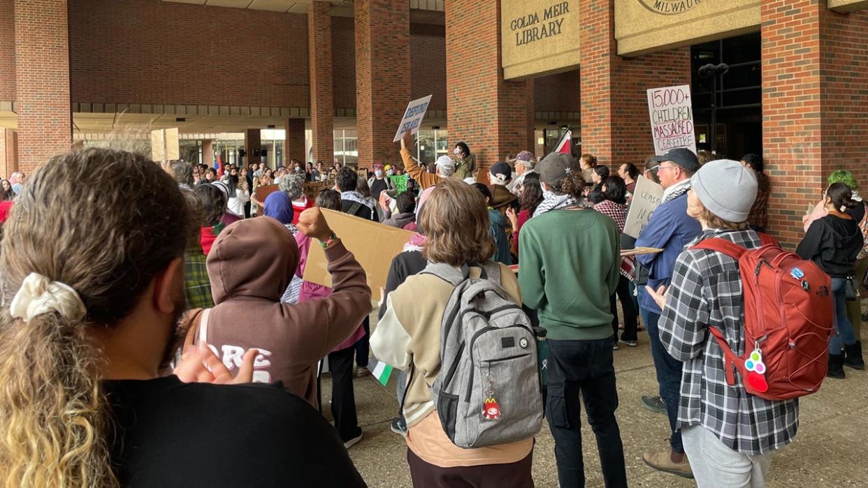 <div>The pro-Palestine rally was held outside the Golda Meir Library.</div>