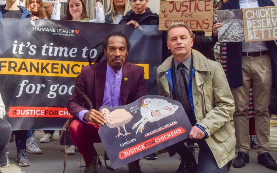 Images/Shutterstock (13897806c) Front L-R: League Against Cruel Sports CEO Andy Knott, TV presenter Megan McCubbin, writer Benjamin Zephaniah and naturalist Chris Packham join the protesters. Protesters gathered outside the Royal Courts Of Justice as animal charity The Humane League UK takes legal action against the government over 'Frankenchickens', chickens which are bred to grow at abnormal rates to abnormal size, which campaigners say causes great suffering and breaches the Welfare of Farmed Animals regulations. Justice for chickens protest outside High Court, London, UK - 03 May 2023 - Vuk Valcic/SOPA Images/Shutterstock