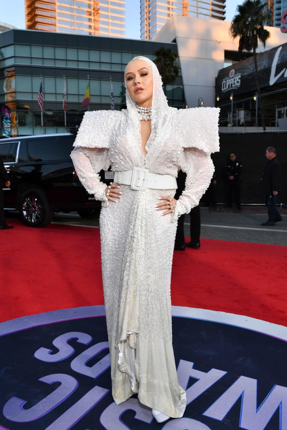 <div class="inline-image__caption"><p>More all white drama, as Christina Aguilera summons up Marlene Dietrich, angel and American footballer.</p></div> <div class="inline-image__credit">Emma McIntyre/Getty</div>