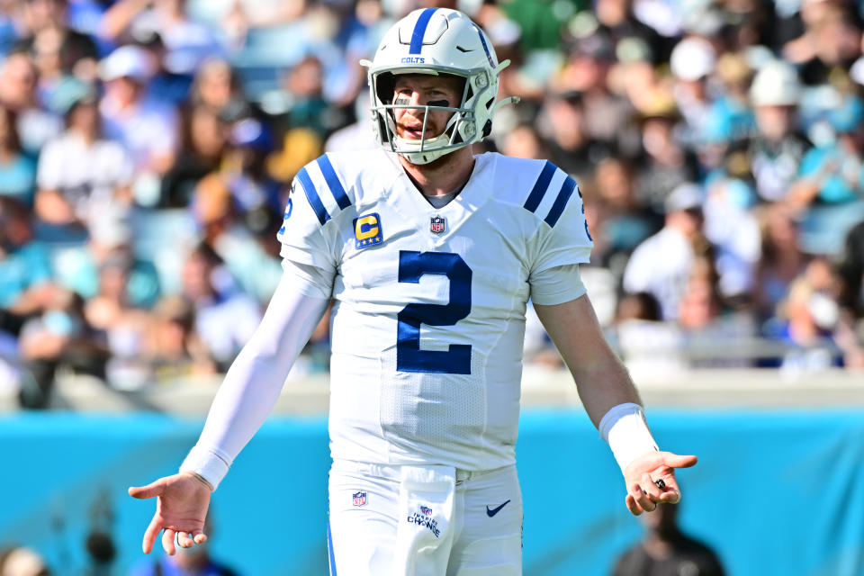 Carson Wentz of the Indianapolis Colts looks to the sidelines during the second quarter in the game against the Jacksonville Jaguars at TIAA Bank Field.