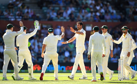 Australia's Mitchell Starc (C) celebrates after taking a wicket during day one of the first test match between Australia and India at the Adelaide Oval in Adelaide, Australia, December 6, 2018. AAP/Dave Hunt/via REUTERS.