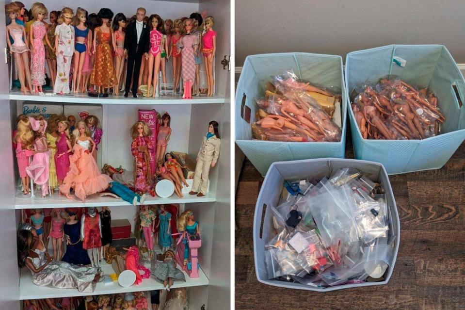 Diptych showing a Barbie collection Bruce Zalkin recently bought on shelves and Barbie bodies in plastic bags in bins.