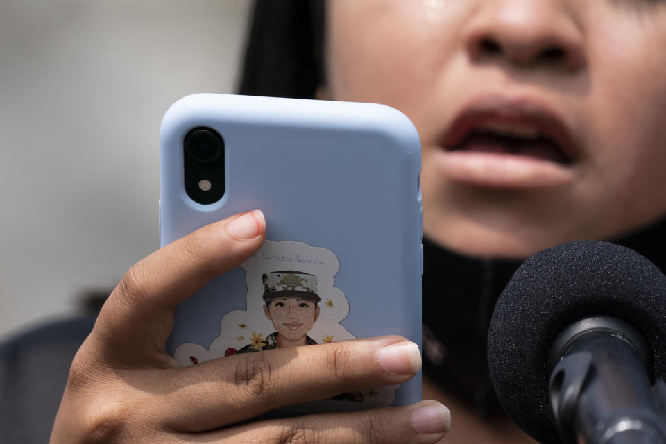 Lupe Guillén, Vanessa Guillén's sister, speaks from notes on her phone with a sticker on it about her sister, during a news conference about the "I Am Vanessa Guillén Act," in honor of the late U.S. Army Specialist Vanessa Guillén, and survivors of military sexual violence, during a news conference on Capitol Hill, Wednesday, Sept. 16, 2020, in Washington. (AP Photo/Alex Brandon)
