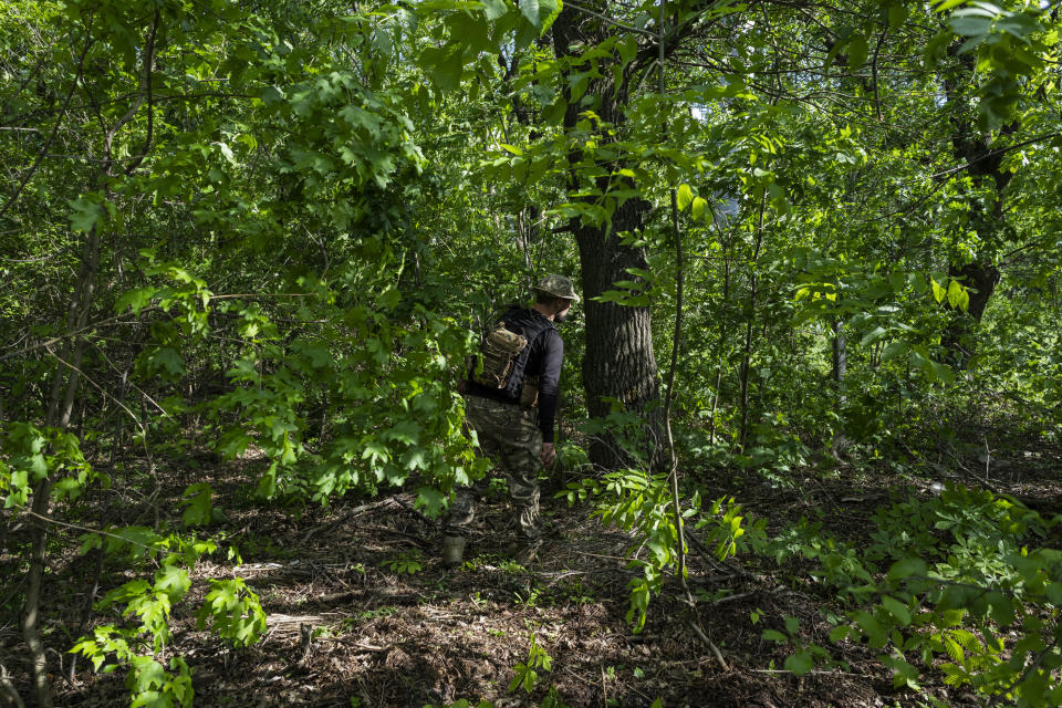 A Ukrainian serviceman looks for dead bodies in the bushes, on the outskirts of Kharkiv, Ukraine, Friday, May 27, 2022. (AP Photo/Bernat Armangue)