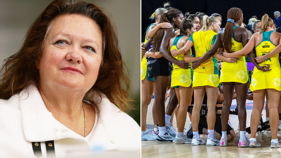 Pictured left is Gina Rinehart and Australian netball players on the right.