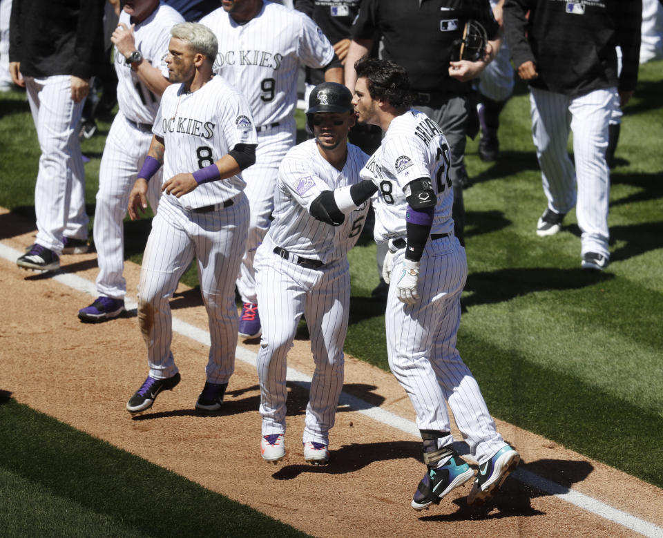 Nolan Arenado was furious after nearly being hit with a pitch. (AP Photo/David Zalubowski)