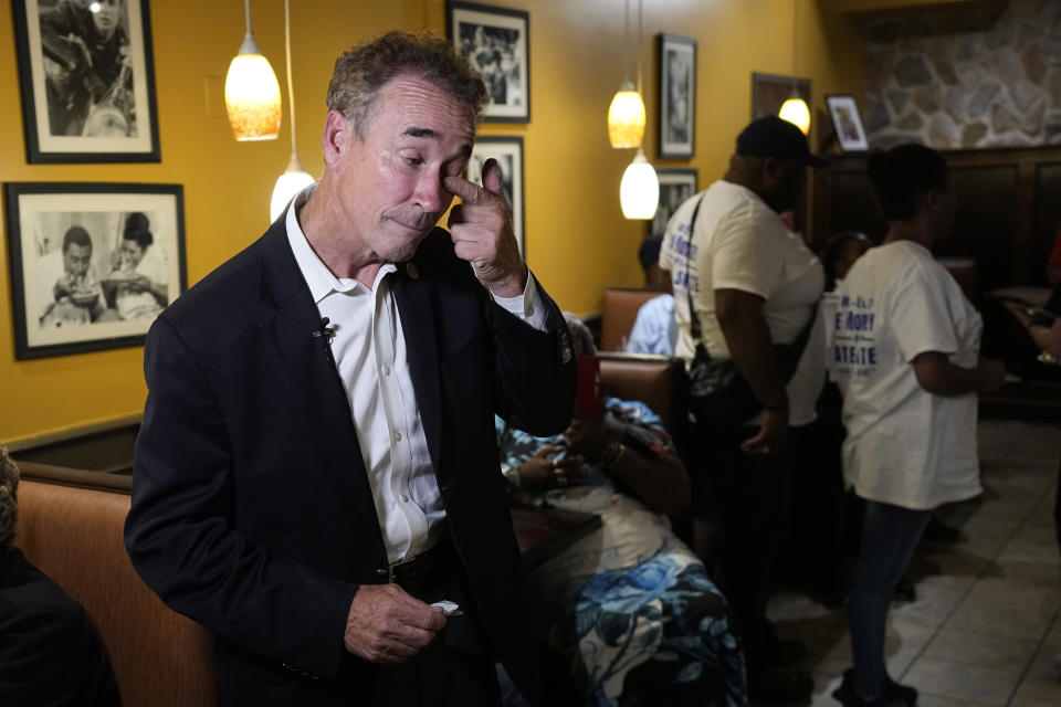 Virginia State Sen. Joe Morrissey wipes his eye after an interview as he conceded to former delegate Lasharese Aird Tuesday, June 20, 2023, in Petersburg, Va. The two were vying for a newly redrawn Senate district in a Democratic primary. (AP Photo/Steve Helber)