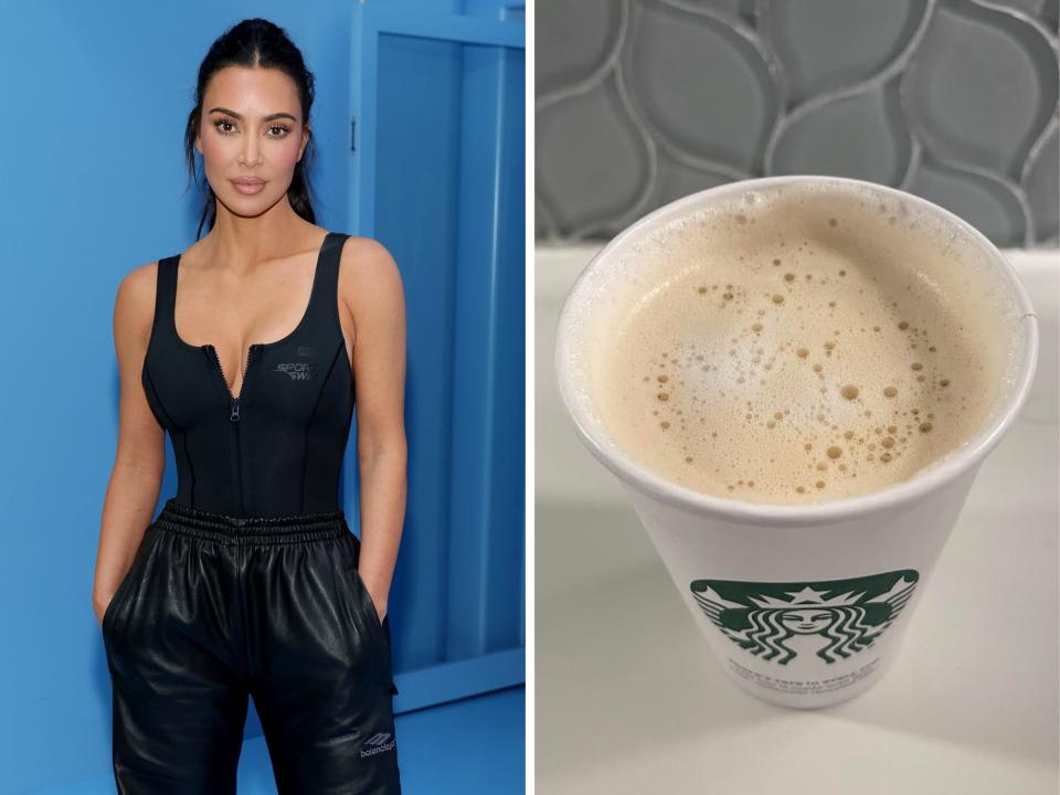 A photo of Kim Kardashian; a Starbucks white mocha.