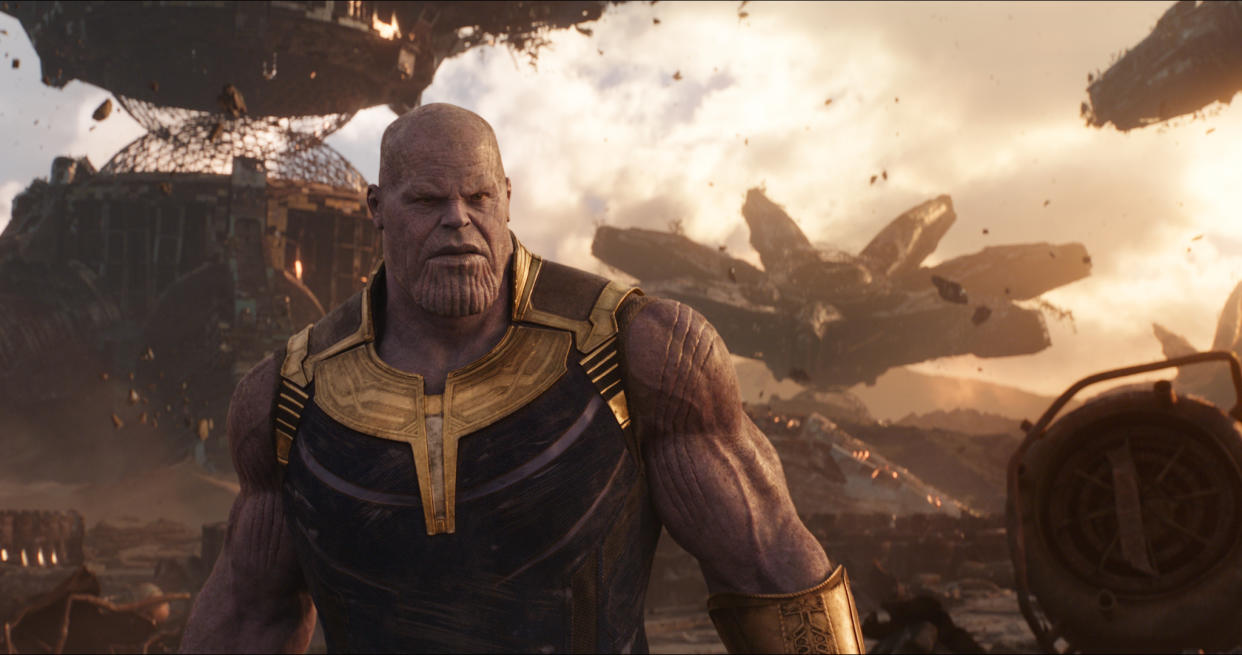 This image released by Disney shows Josh Brolin as Thanos in a scene from Marvel Studios’ “Avengers: Infinity War.” (Marvel Studios via AP)