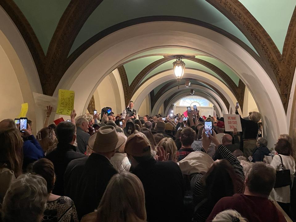 Missouri State Sen. Bill Eigel speaks to Freedom Caucus supporters at the Missouri Capitol Building in Jefferson City on Jan. 30, 2024.