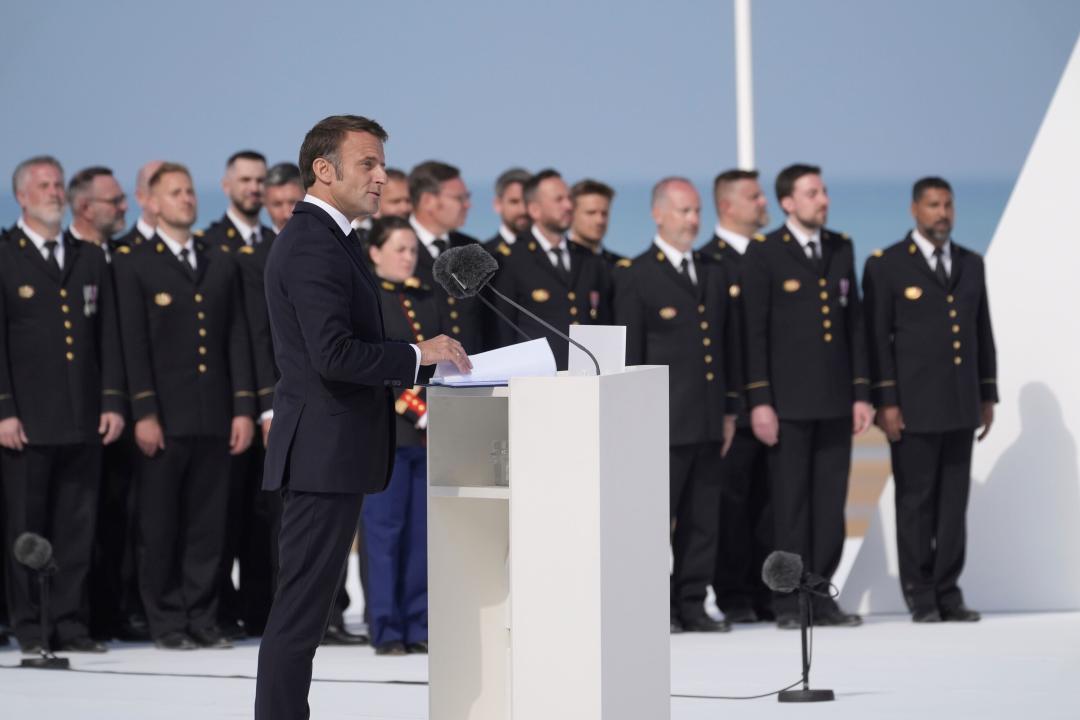 French President Emmanuel Macron speaks during a ceremony to mark the 80th anniversary of D-Day. (AP)
