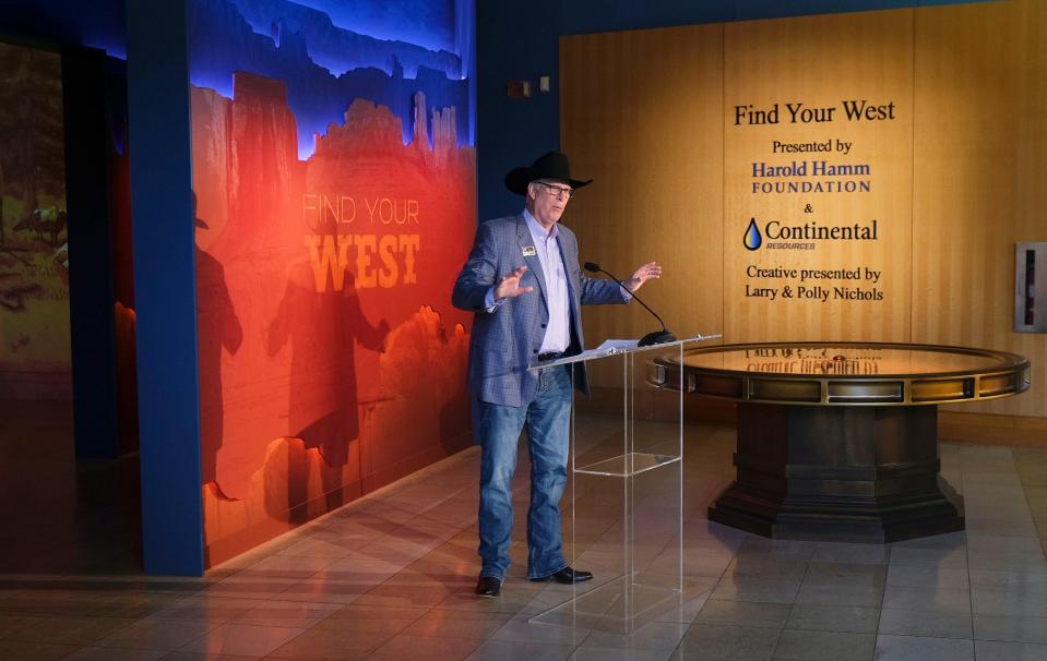 National Cowboy & Western Heritage Museum President and CEO Pat Fitzgerald speaks at the grand opening for the museum's new "Find Your West" immersive exhibition Monday, April 29, 2024, at the museum in Oklahoma City. The first-of-its-kind, projection-mapped exhibit was made possible through donations from the Harold Hamm Foundation, Continental Resources and Larry and Polly Nichols. The project is part of the museum's $40 million "Live the Code" capital campaign.