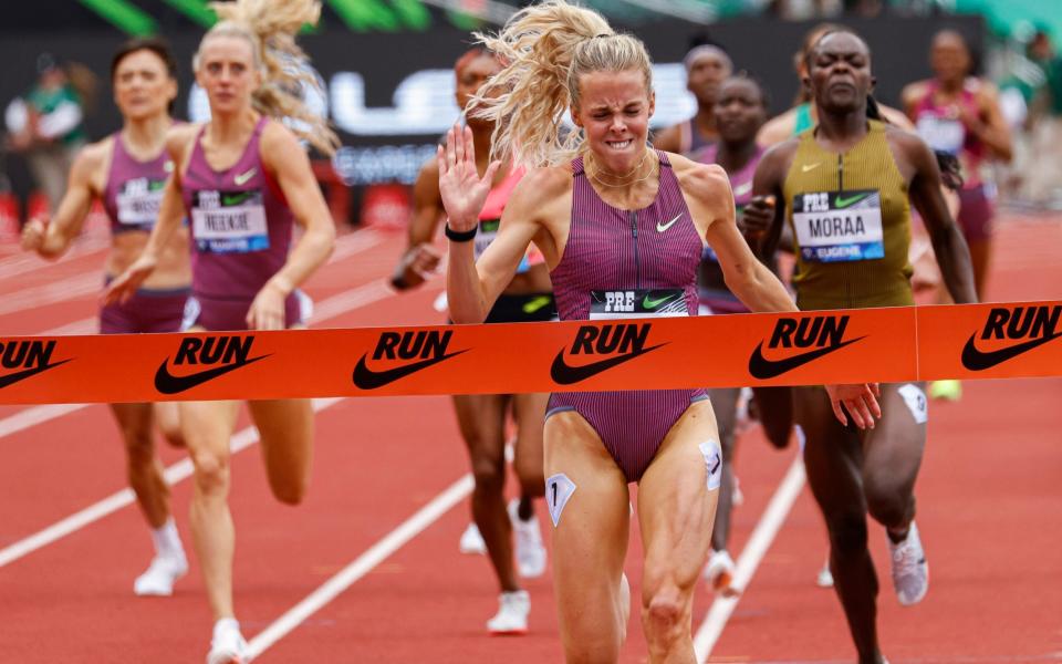 Keely Hodgkinson gained an early season victory over world champion Mary Moraa in the 800m