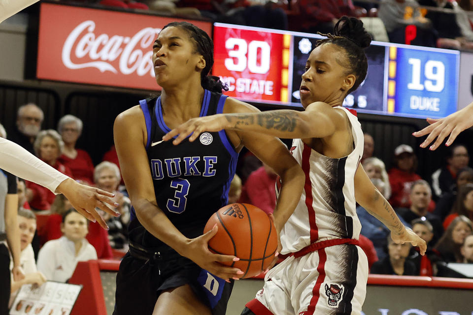 Duke's Ashlon Jackson (3) drives the ball past North Carolina State's Aziaha James (10) during the first half of an NCAA college basketball game, Sunday, Jan. 21, 2024, in Raleigh, N.C. (AP Photo/Karl B. DeBlaker)