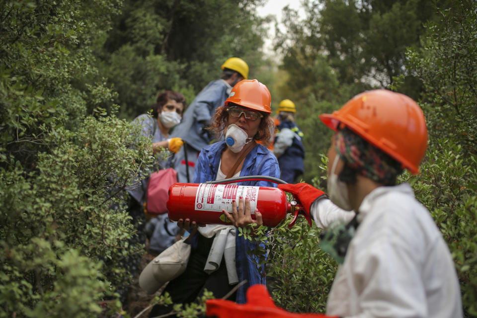 Turkish volunteers head to fight wildfires in Turgut village, near tourist resort of Marmaris, Mugla, Turkey, Wednesday, Aug. 4, 2021. Hundreds of volunteers have joined efforts to contain blazes that have swept through forests in Turkey's southern and southwestern coasts, fueled by a summer heatwave, low humidity and strong winds. The fires, described as Turkey's worst in living memory, have so far killed eight people _ including a teenaged volunteer who was carrying drinking water and other refreshments to firefighters in Marmaris. (AP Photo/Emre Tazegul)