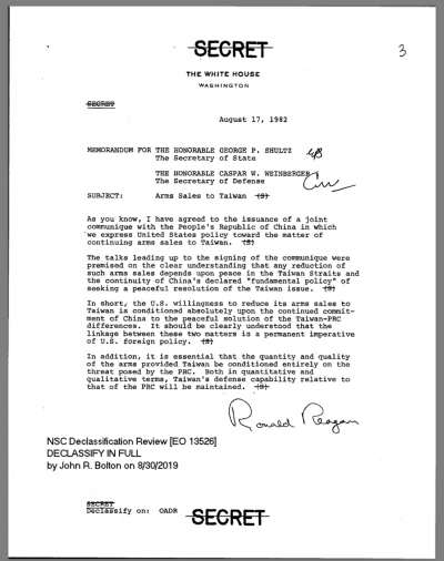 1982年8月17日，八一七公報簽署的當天，時任美國總統雷根發給當時的美國國務卿舒茲、國防部長溫伯格一份備忘錄，強調美國同意減少對台軍售的意願，是以中國持續其和平解決兩岸分歧的承諾為先決條件。（圖取自AIT網頁）
