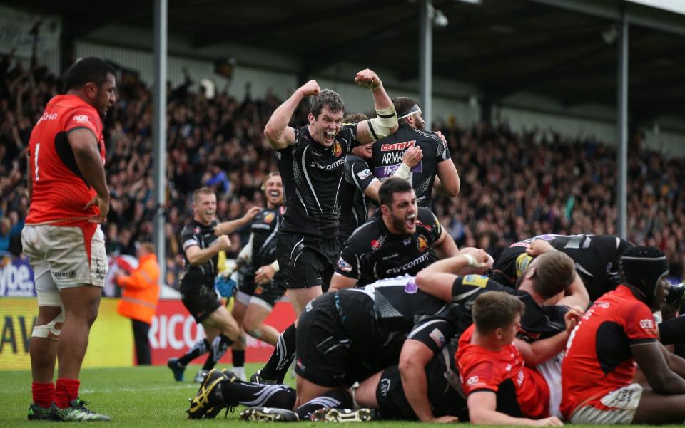 Exeter celebrate as Sam Simmonds' winning try is awarded - Getty Images Europe