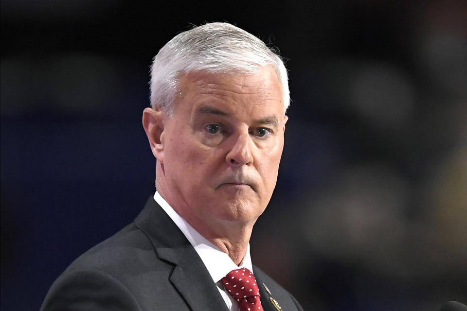 FILE - Rep. Steve Womack, R-Ark., listens to a voice vote on the adoption of the rules during the opening day of the Republican National Convention in Cleveland, July 18, 2016. (AP Photo/Mark J. Terrill, File)