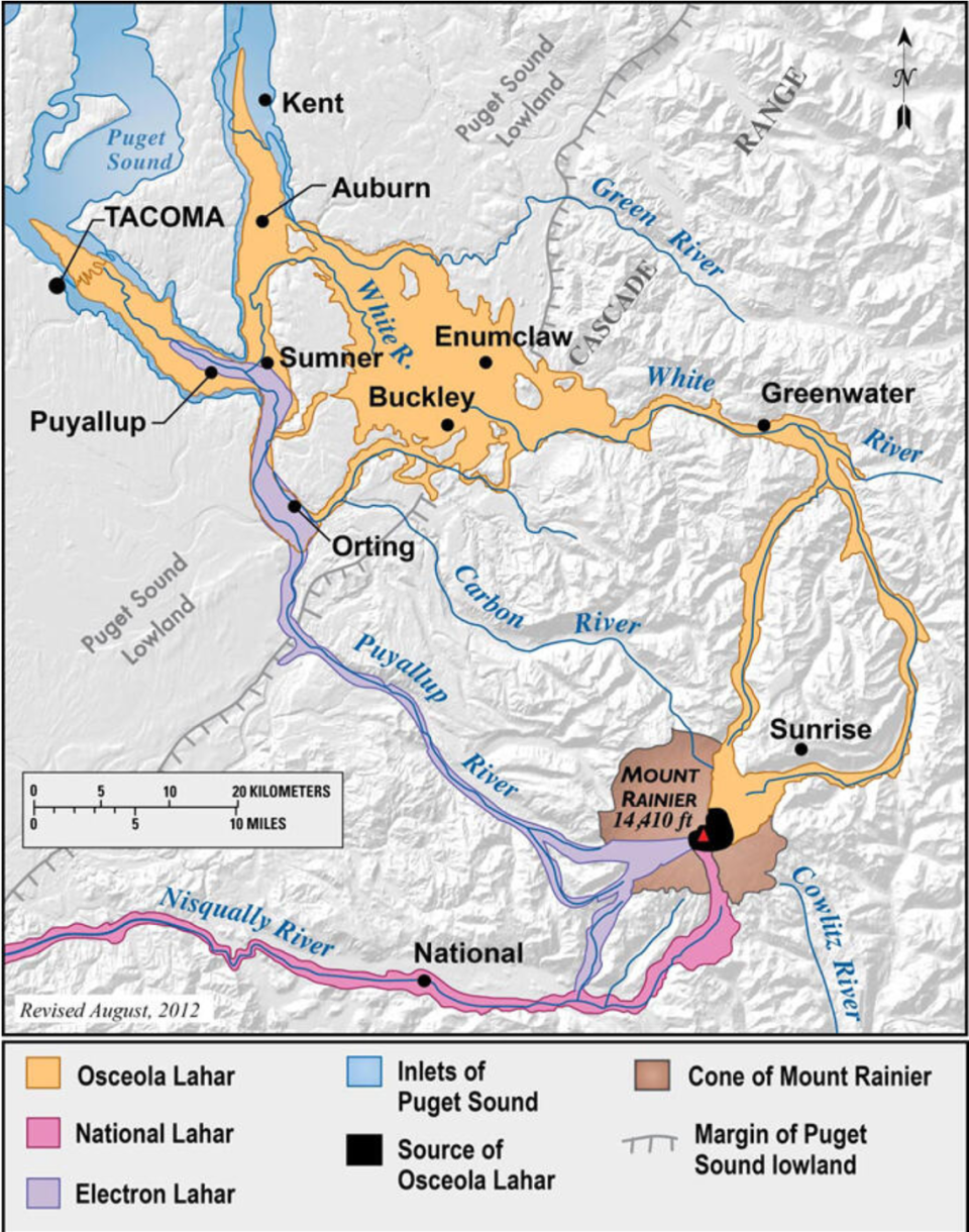 A map showing the lahar flow routes for the Osceola Mudflow, National Lahar and Electron Mudflow.