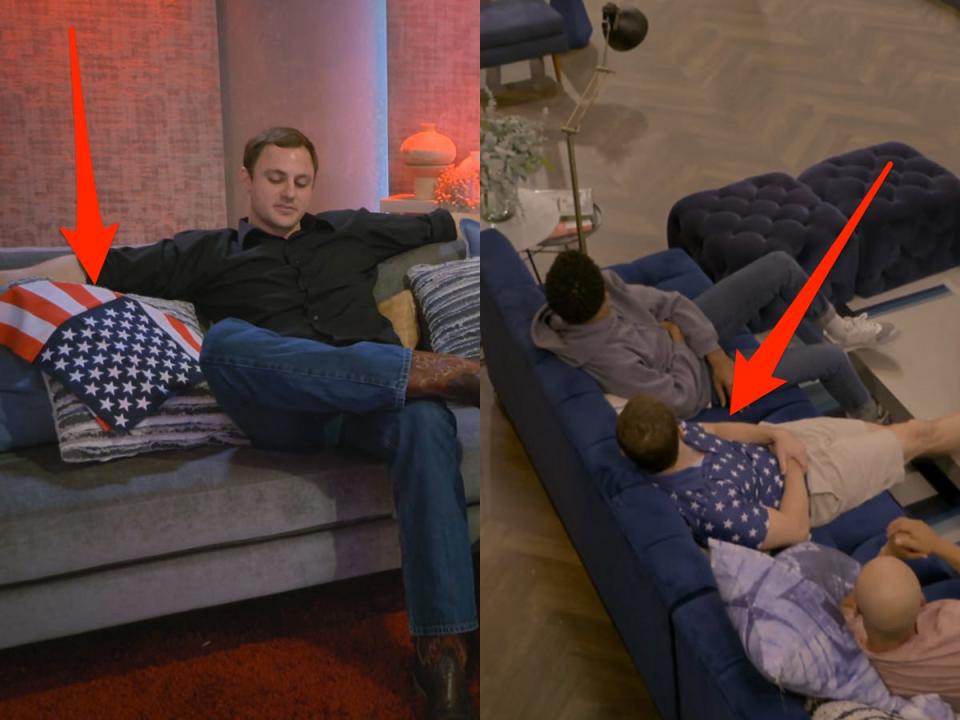 a side-by-side image, on the left side is JP from "Love Is Blind" sitting on a couch with an American flag draped next to him. Insider inserted a red arrow pointing towards the flag. On the right, JP sits on a communal couch with Milton and Izzy on either side, wearing a star-spangled shirt. Insider inserted a red arrow pointing towards JP's shirt.