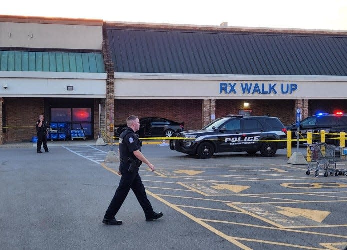 Blendon Townshp police on the scene Thursday evening, Aug. 23, 2023, of a reported officer-involved shooting just outside the pharmacy walk-up window at the Kroger store at 5991 S. Sunbury Road, just north of the Route 161 interchange near Westerville.