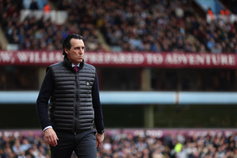 Unai Emery head coach of Aston Villa in action during the Premier League match between Aston Villa and Newcastle United at Villa Park on April 15, 2023 in Birmingham, England.